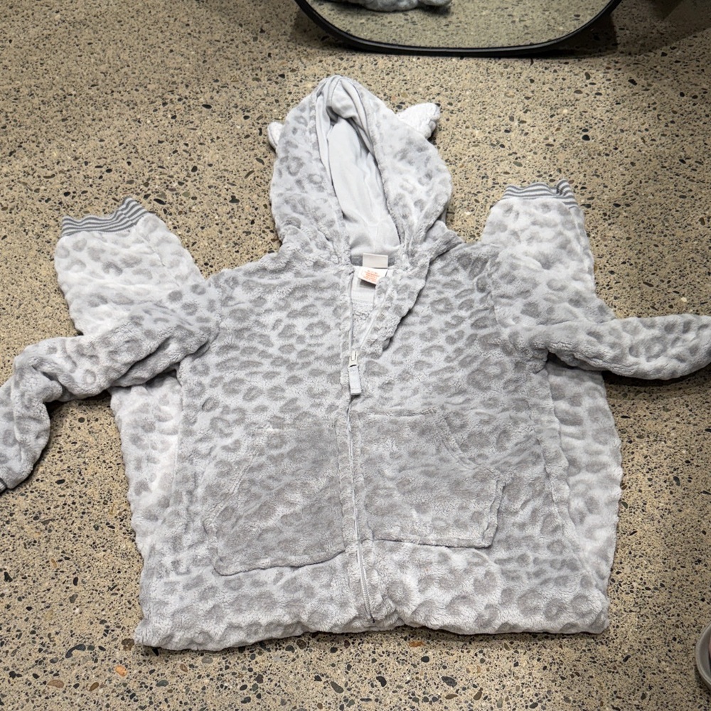 Plush Light Grey Leopard Kids Hoodie Robe